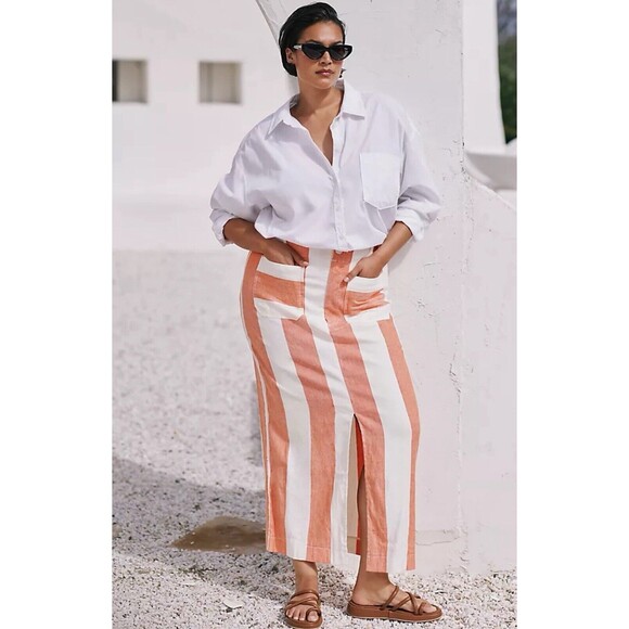 Anthropologie Skirt Midi Orange Stripe Colette Preppy Vacay Retro Size XL NWT